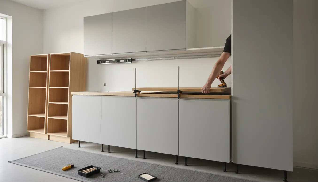 Tømrer monterer køkkenmoduler og placerer bordplade i et lyst køkken, uden synlige ansigter.
