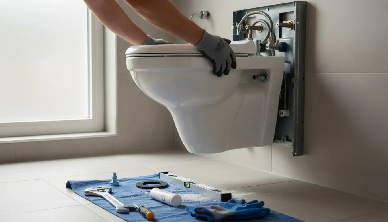 Montering af nyt væghængt toilet i et moderne badeværelse med værktøj på fliserne.