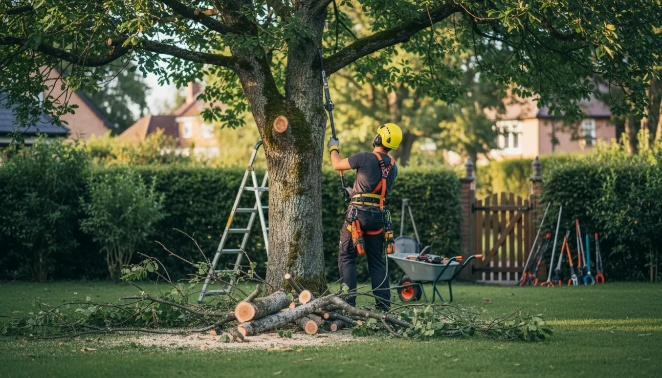 En arborist beskærer en høj ask i en villahave med skårne grene og værktøj ved en smal træport.