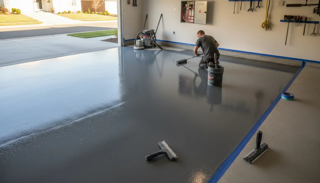 Garage med nylanlagt grå/antrasit epoxygulv, værktøj og åben port, klar til brug.