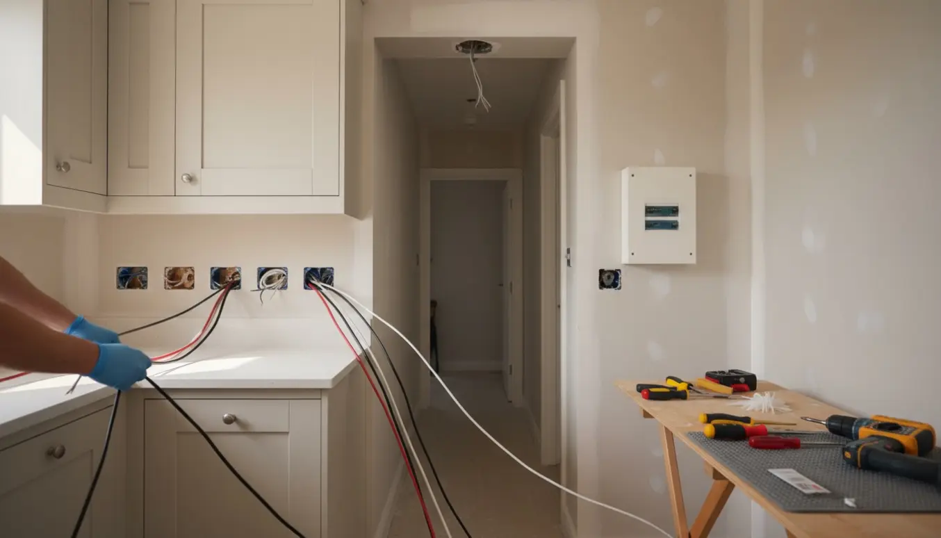 Glovede hænder trækker nye elkabler i et lille køkken under renovering med åbne installationsdåser og værktøj.