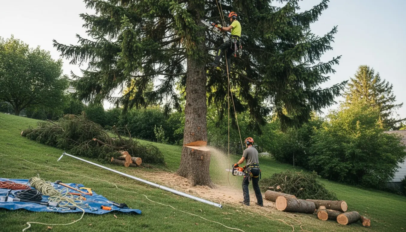 Klatrer fælder toppen af en 13–14 m gran på skrånende terræn mens bunddelen savnes og afskårne stykker ligger samlet.