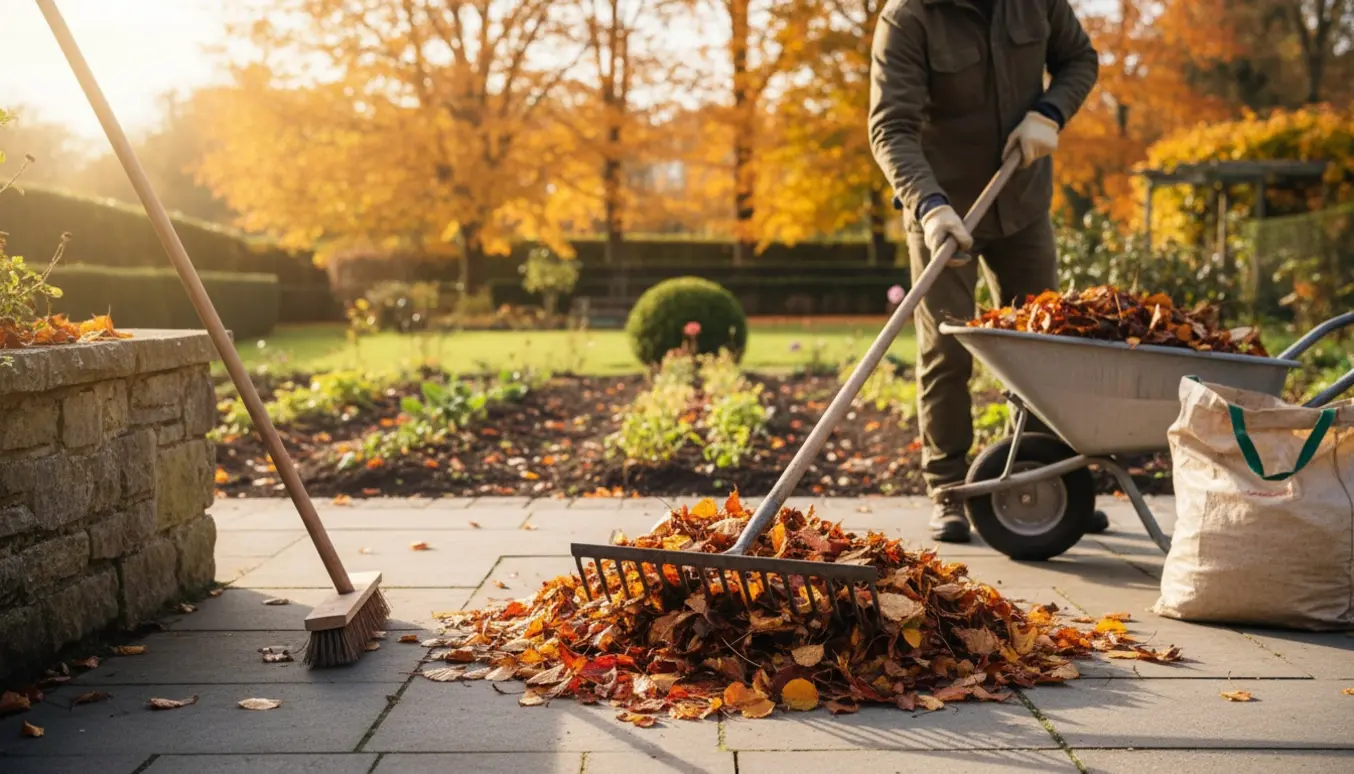 Have med rive og kost, hvor blade fejes væk fra fliser og bede.