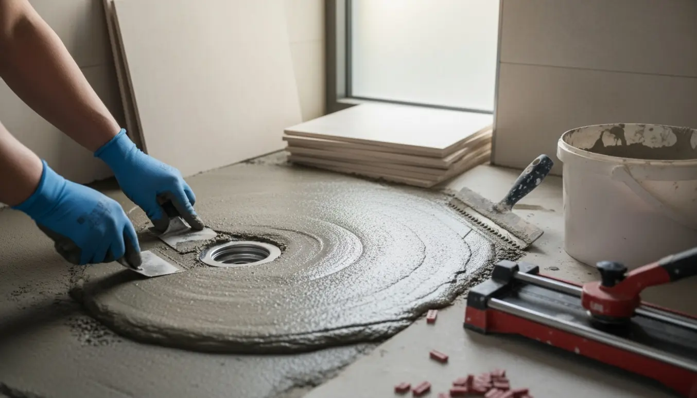 Vådt cementgulv omkring et nyt afløb i et badeværelse med fliser og værktøj klar til montering.