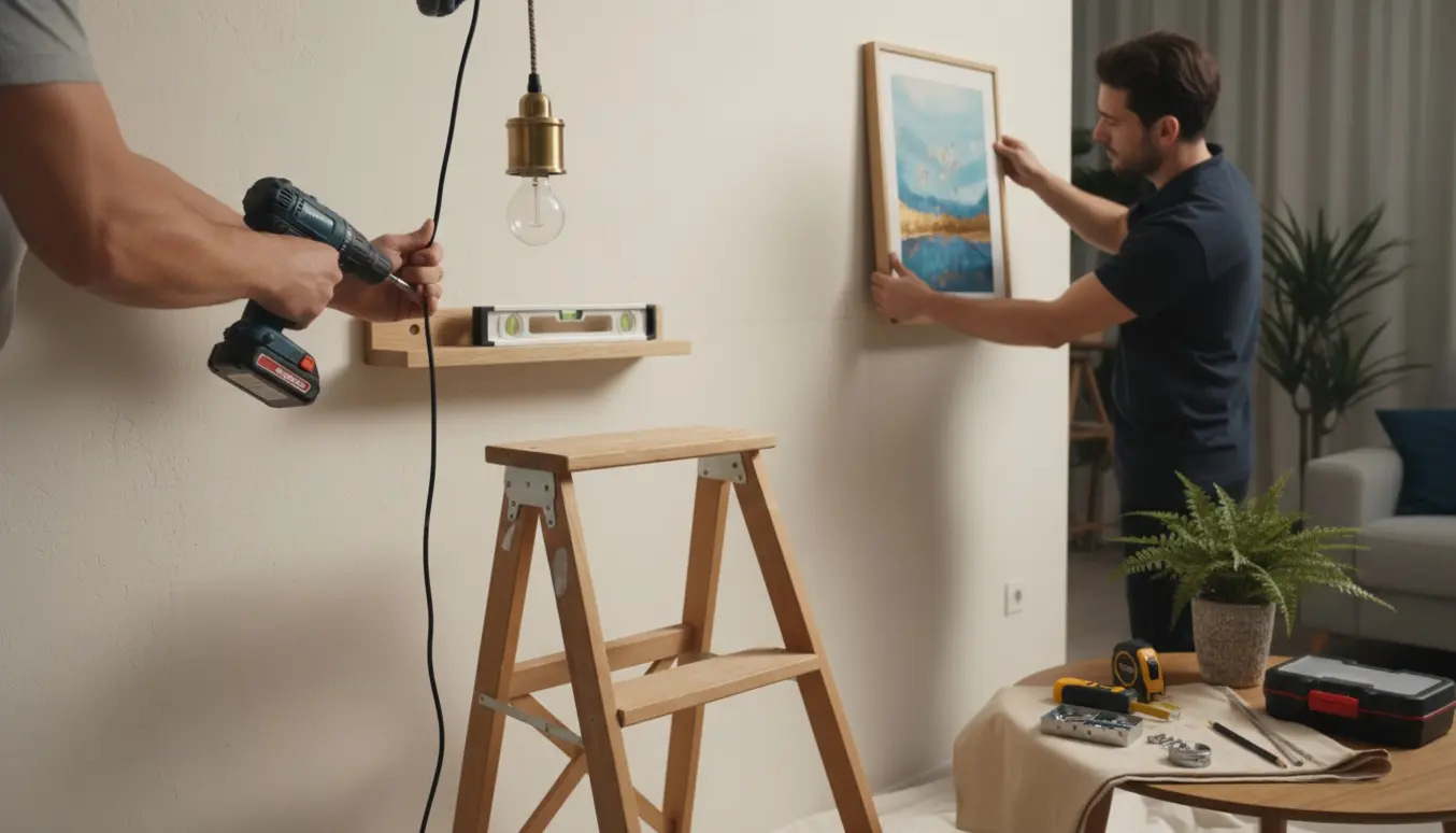 Nærbillede af hænder, der monterer hylde, hænger billedramme op og justerer en lampe på en stuevæg.