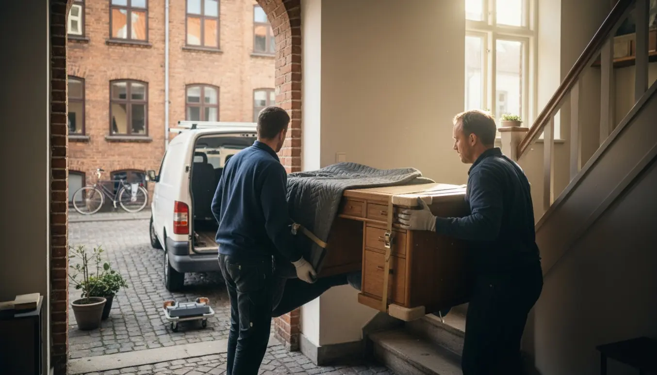 Et skrivebord bæres ind og op ad en trappe til 2. sal i Frederiksbjerg, Aarhus.