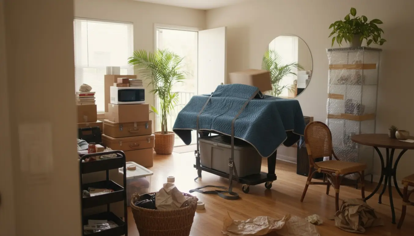 Lejlighed i hastig flytning med pakkede kasser, indpakket klaver på dolly, to store palmer og møbler klar til udflytning.