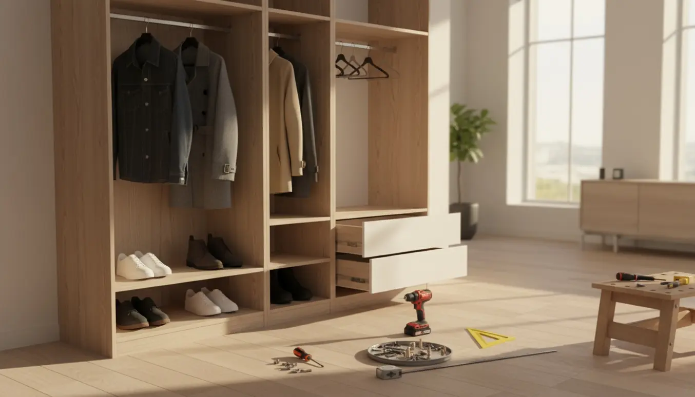 Halvfærdigt garderobeskab i en lys entré med jakker på bøjler, sko på hylder og værktøj ved siden af.