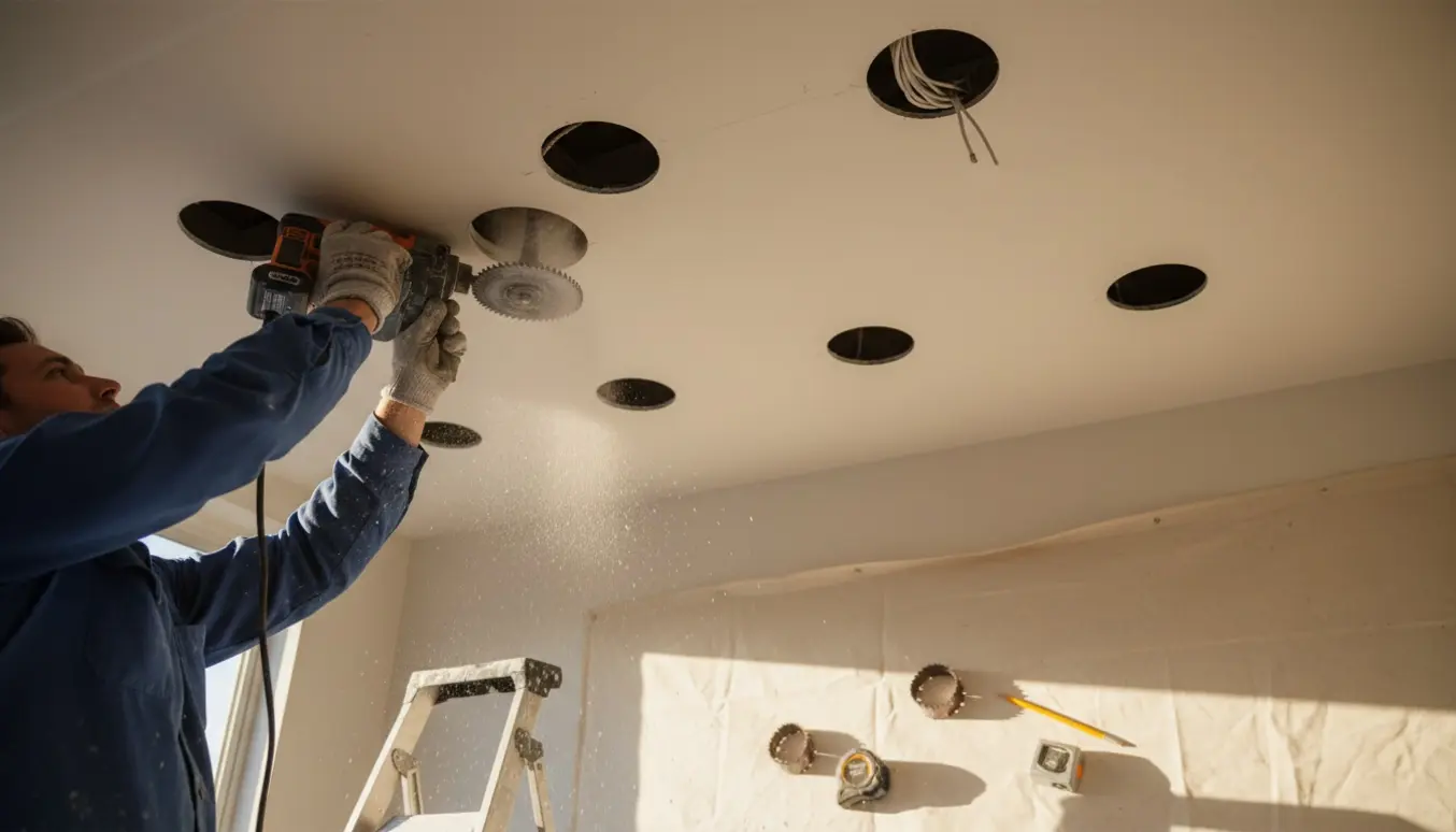 En håndværker borer syv runde huller i et hvidt loft til indbyggede lamper, med værktøj og savsmuld synligt.