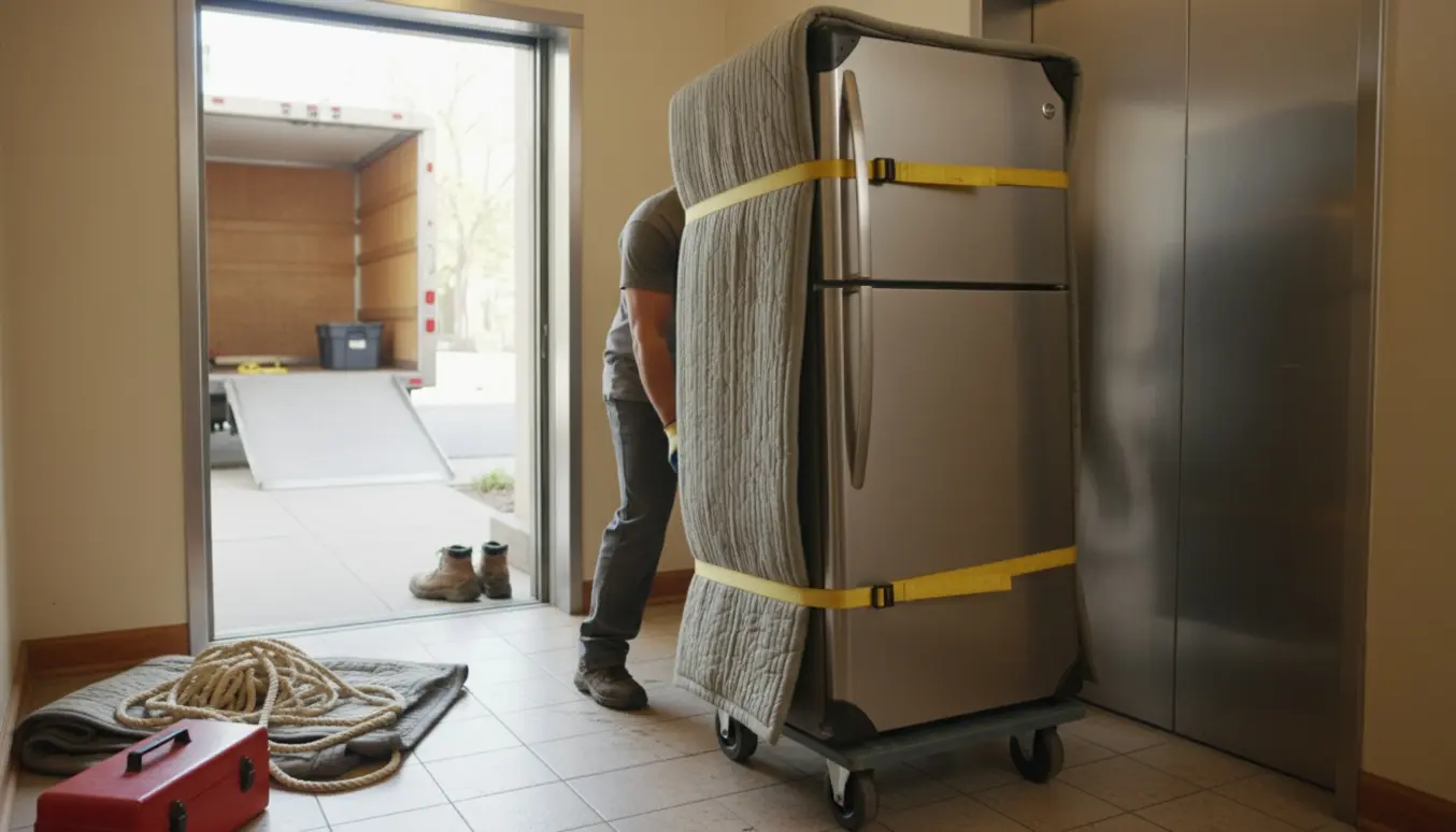 To flyttemænd fører et køleskab på trillebør ind i en lille elevator i en opgang, beskyttet af flyttetæpper og stropper.