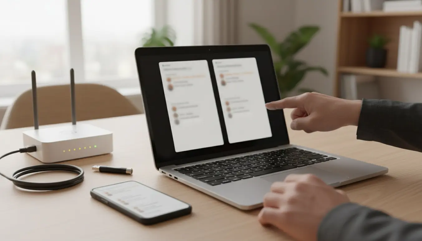 Hænder ved en bærbar med to næsten ens mailkonti på skærmen, omgivet af telefon, router og værktøj under opløsning.