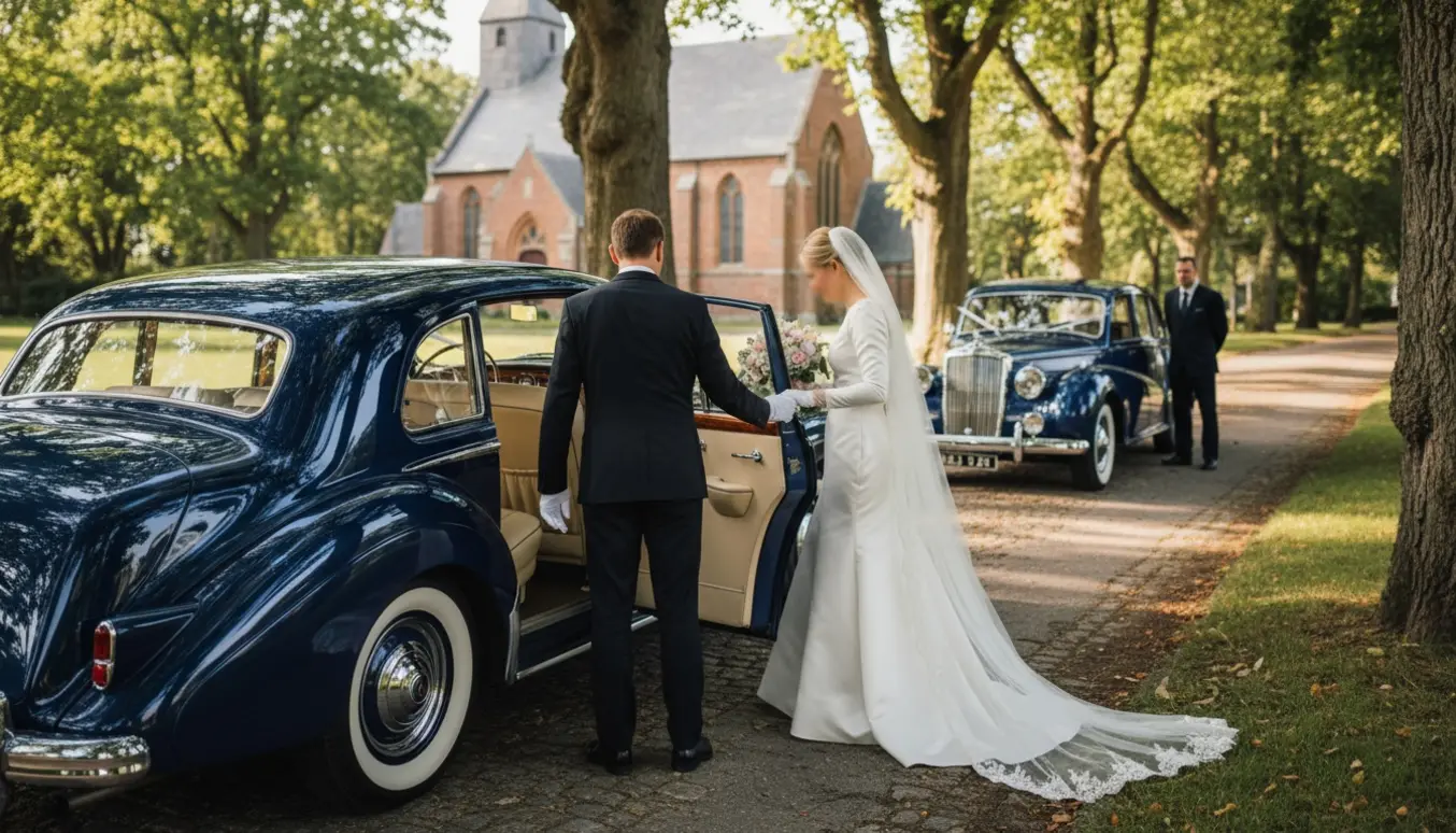 En klassisk veteranbil holder foran en kirke mens chaufføren åbner døren, og brudeparret stiger ind med slør og buket.
