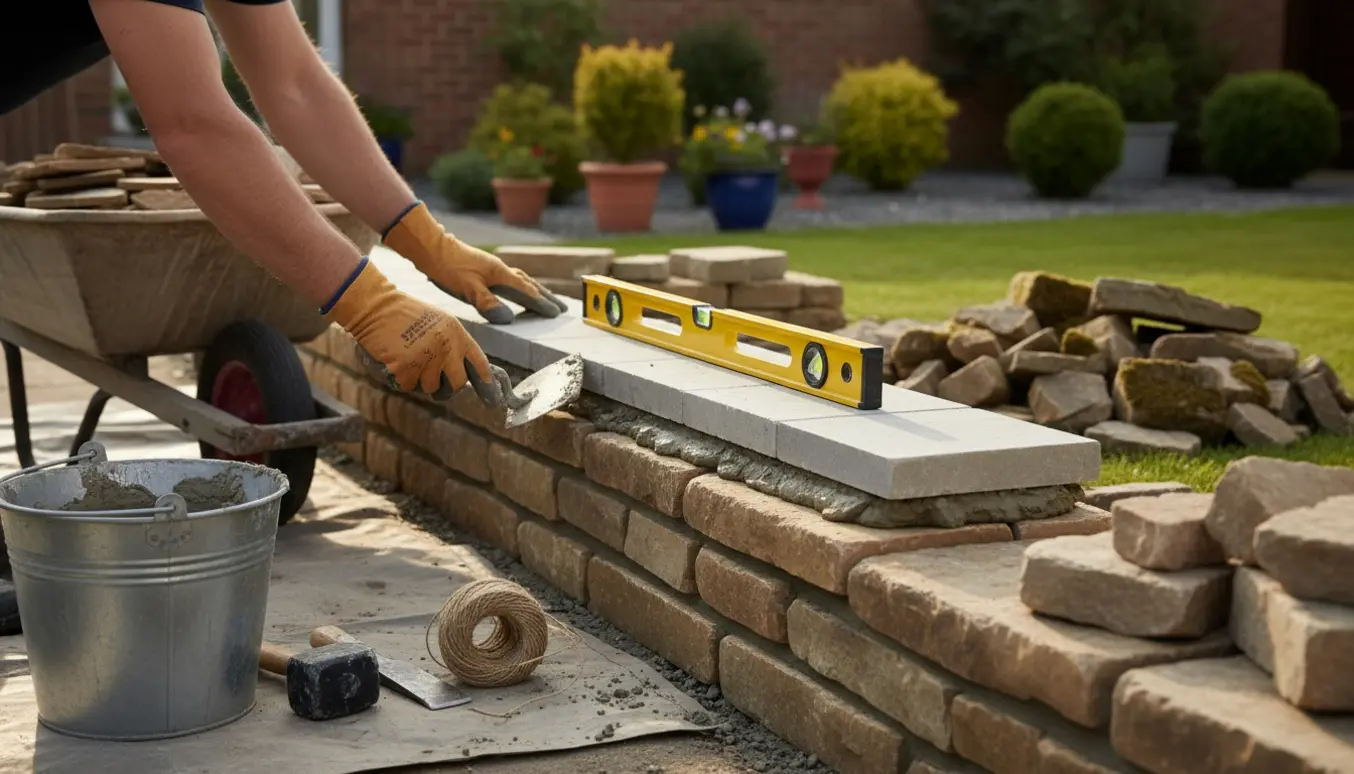 Nærbillede af opgradering af en lav stenlæmur i have med murske, vaterpas og murmaterialer.