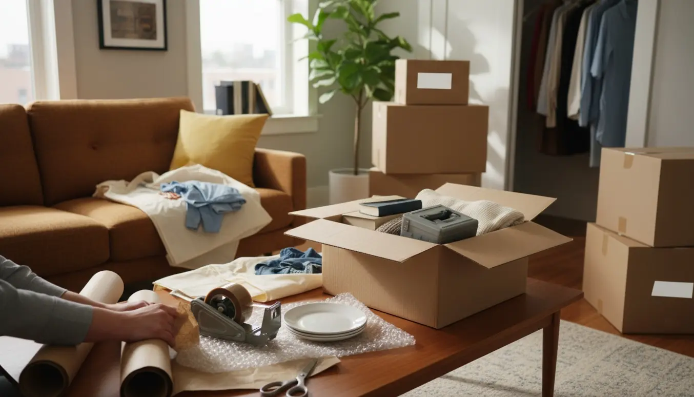 Hænder pakker flyttekasser i en solrig stue med bøger, porcelæn og pakkematerialer.