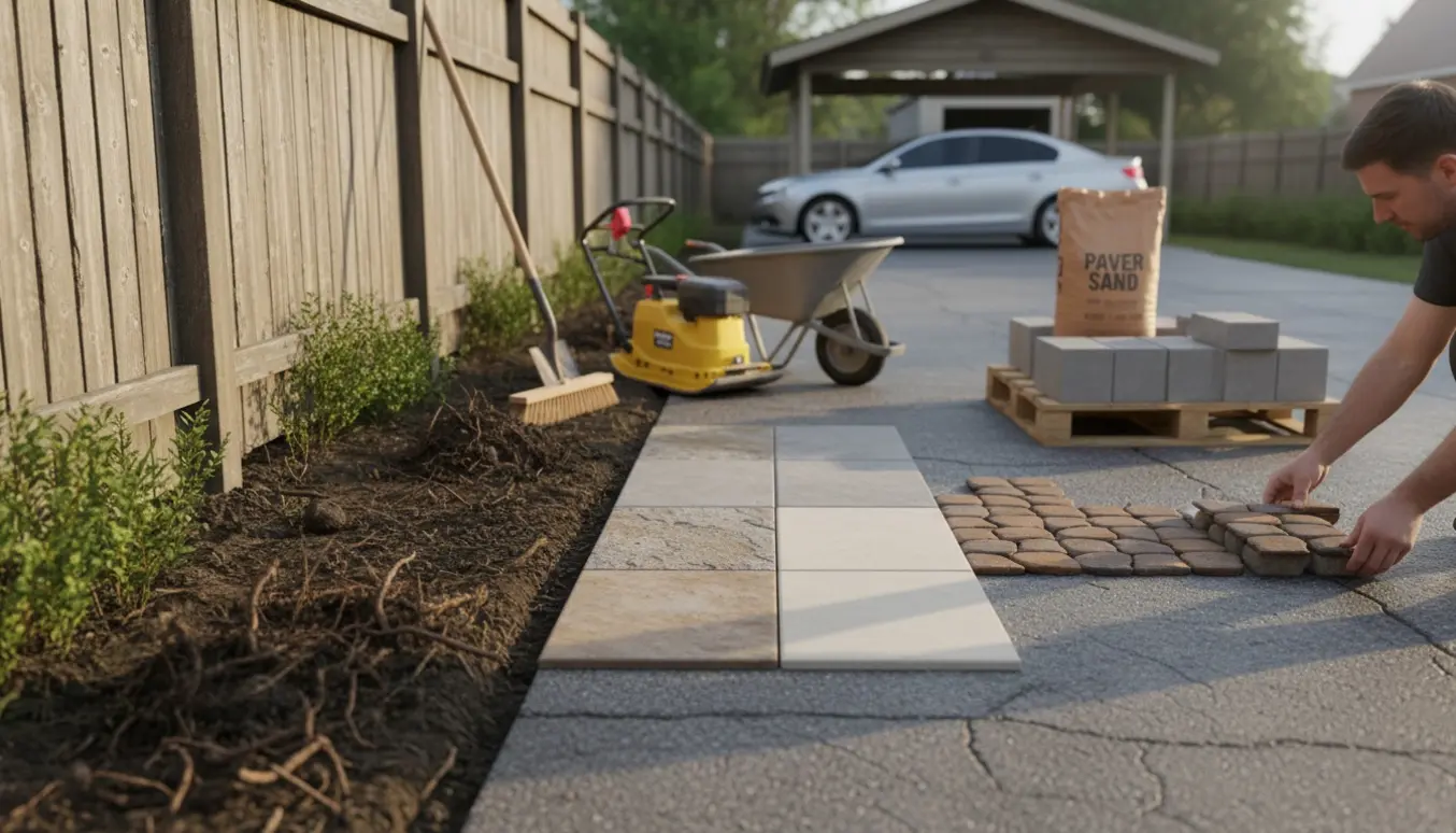 Udvidelse af indkørsel med fjernet beplantning, prøvefliser og værktøj ved carporten.