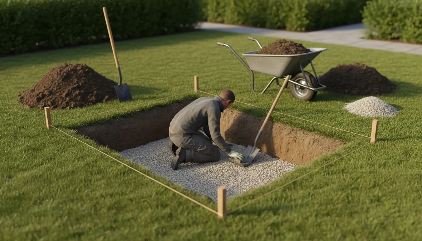 Udgravet rektangulært område til beholder med pæle, snor, jordbunker og skovl i blødt sollys.