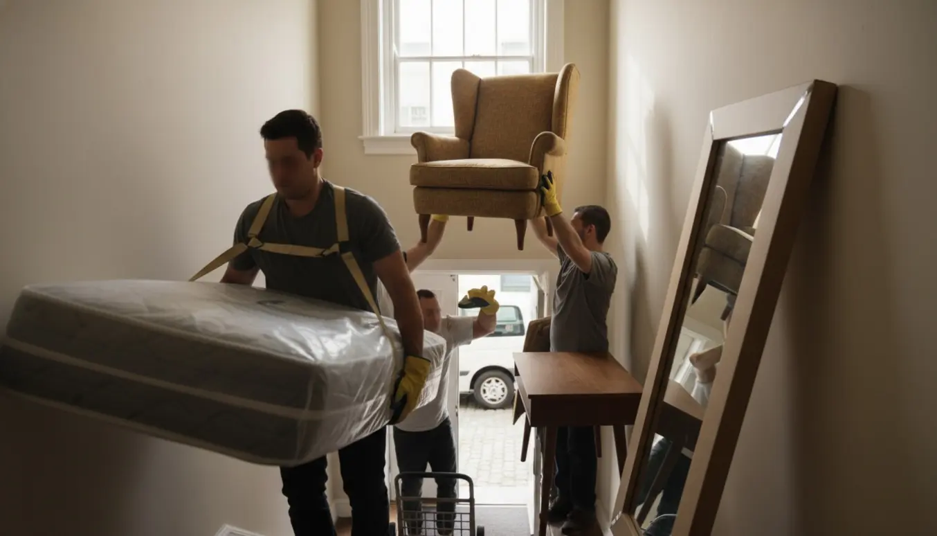 Flyttefolk bærer madras, øreklapstol, lille arbejdsbord og indpakket spejl op ad en trappe mod en lejlighed.
