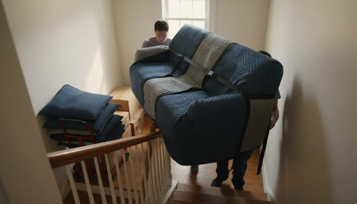 To personer bærer en sovesofa gennem en trappeopgang, pakket ind i flyttetæpper.