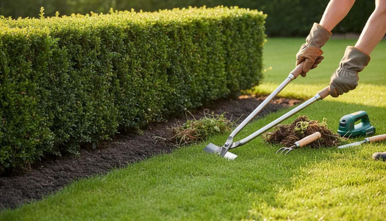 Hænder i handsker luger ukrudt under en hæk og trimmer en skarp græskant.