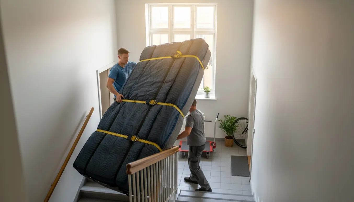 To flyttemænd bærer en tung boxspring op ad en smal trappe i en lys københavnsk opgang.