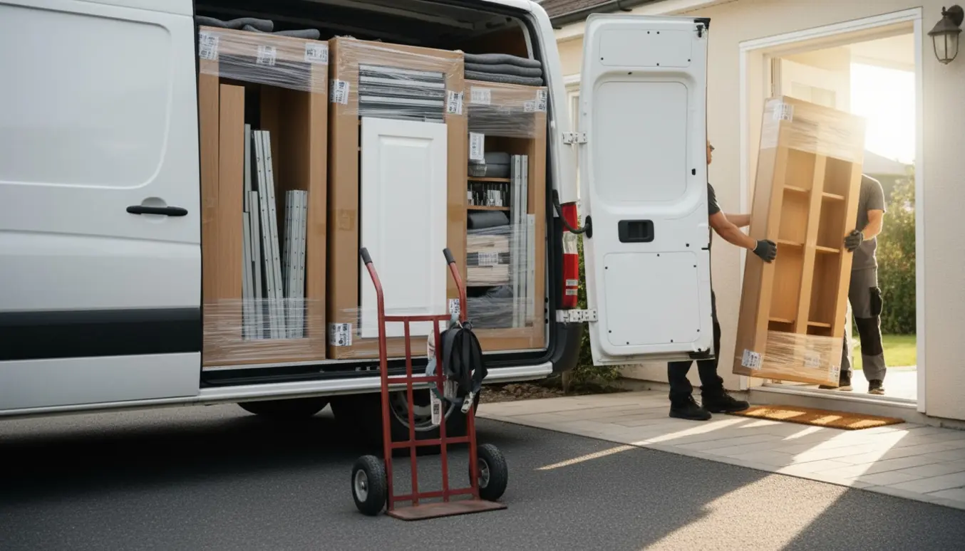 Varebil i indkørsel med fladpakkede skabe og håndværkere, der fører dem ind i husets entré.