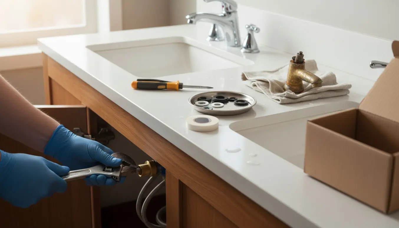 Håndværker skifter to krom blandingsbatterier ved en hvid vask med værktøj og pakninger på bordet.