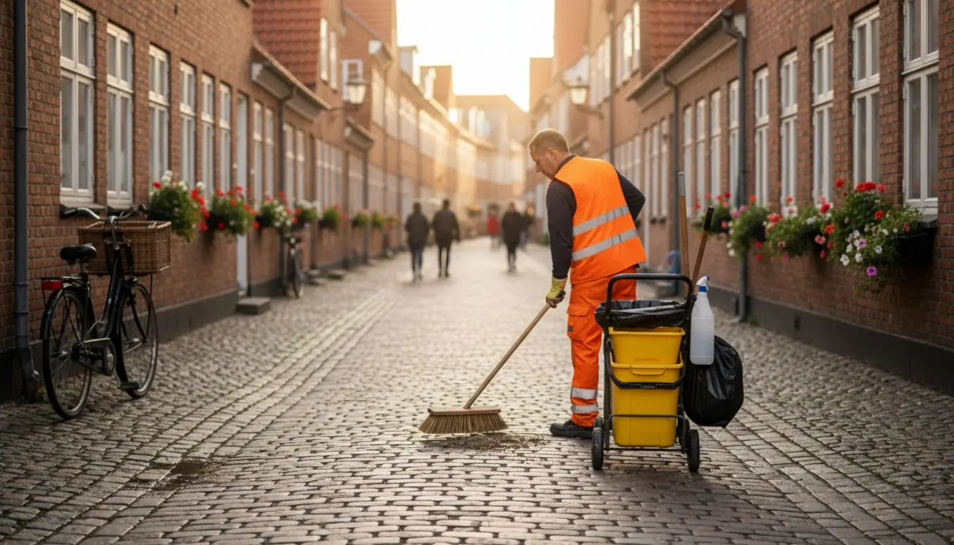 Rengøringsperson fejer en brostensgade i Odense centrum med kost og rengøringsvogn.