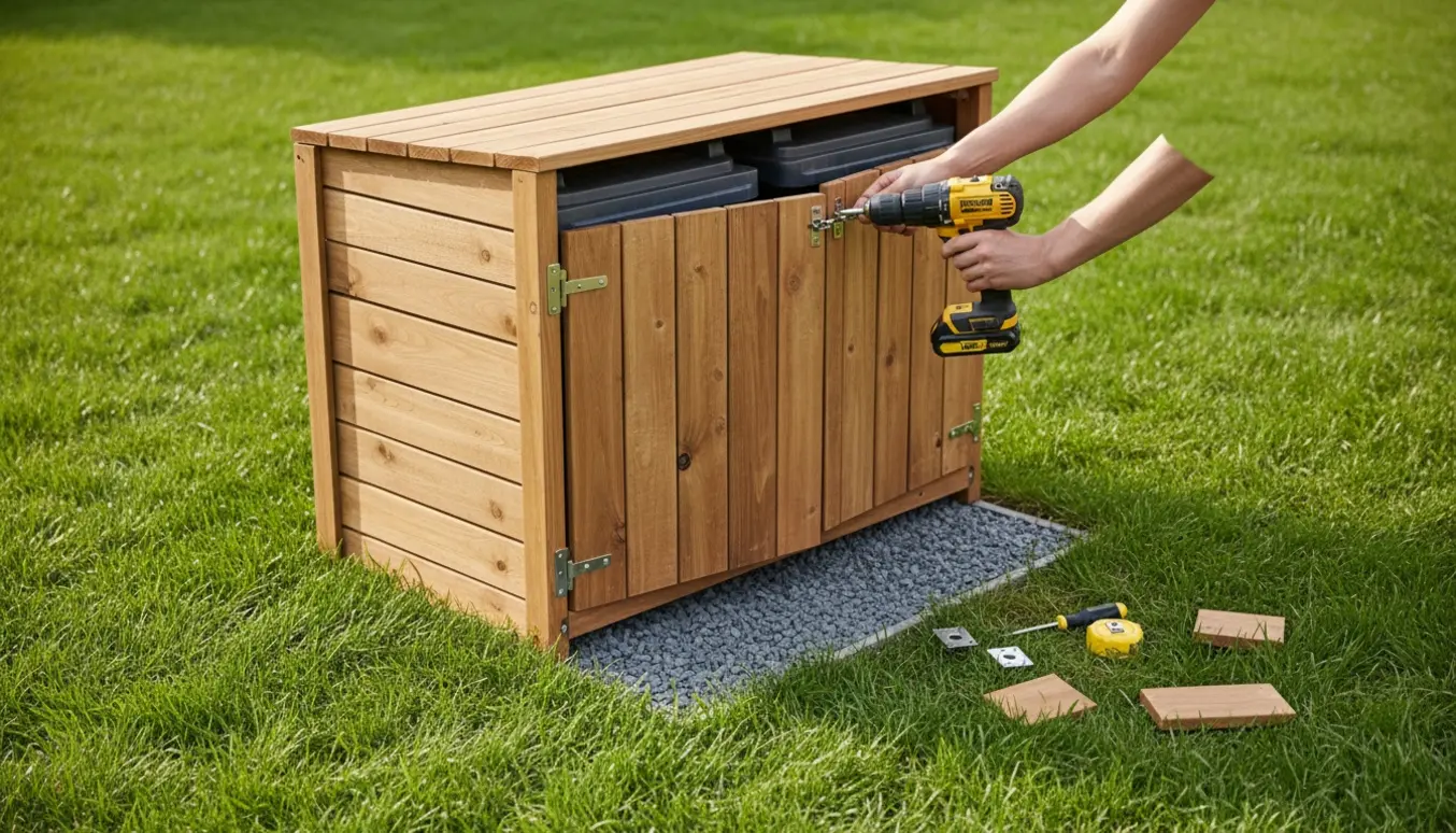 Træskjul til to skraldespande på en græsplæne med værktøj ved siden af.