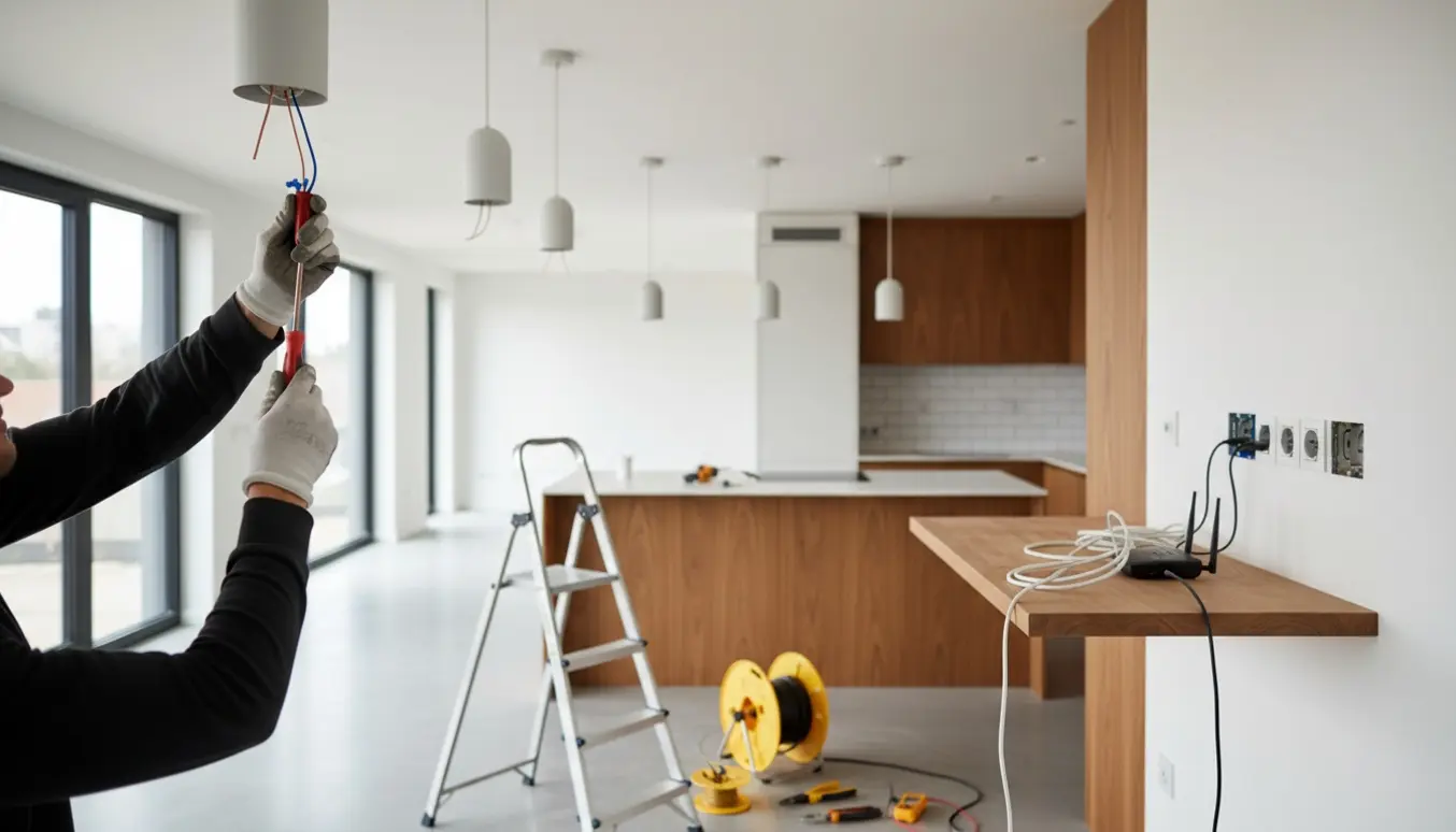 Elektrikerens hænder monterer en loftslampe i en lys lejlighed med værktøj, kabeltromle og et køkken med sammenfiltrede forlængerledninger.