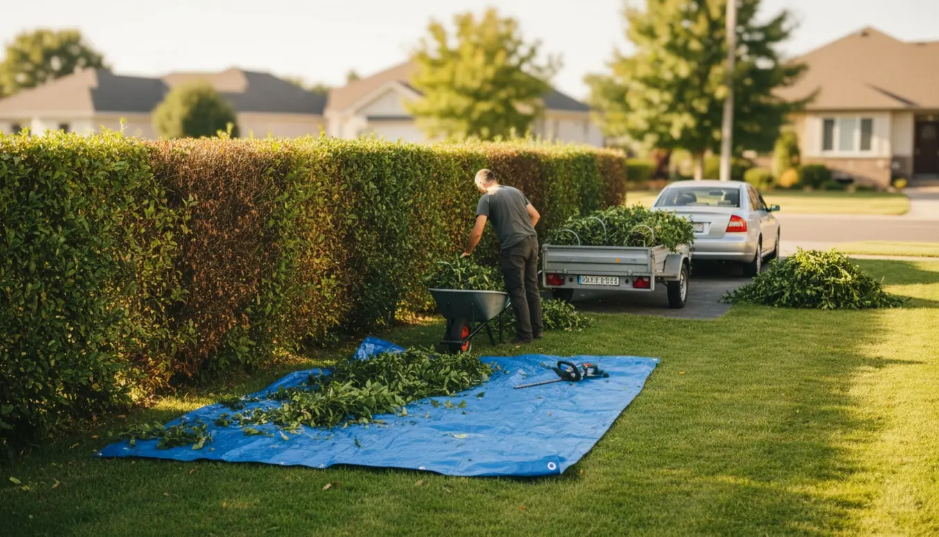 En person trimmer en 11 meter lang hæk i en forstadshave med afklippede grene samlet i en trailer og en skovl.