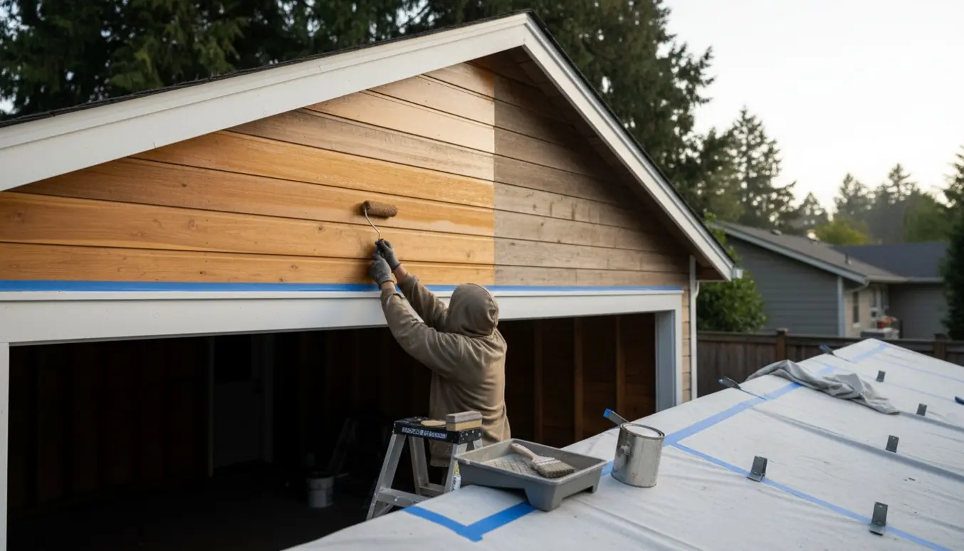 Nærbillede af påføring af træbeskyttelse på en carportgavl og tilstødende skur med malerværktøj og afdækning.