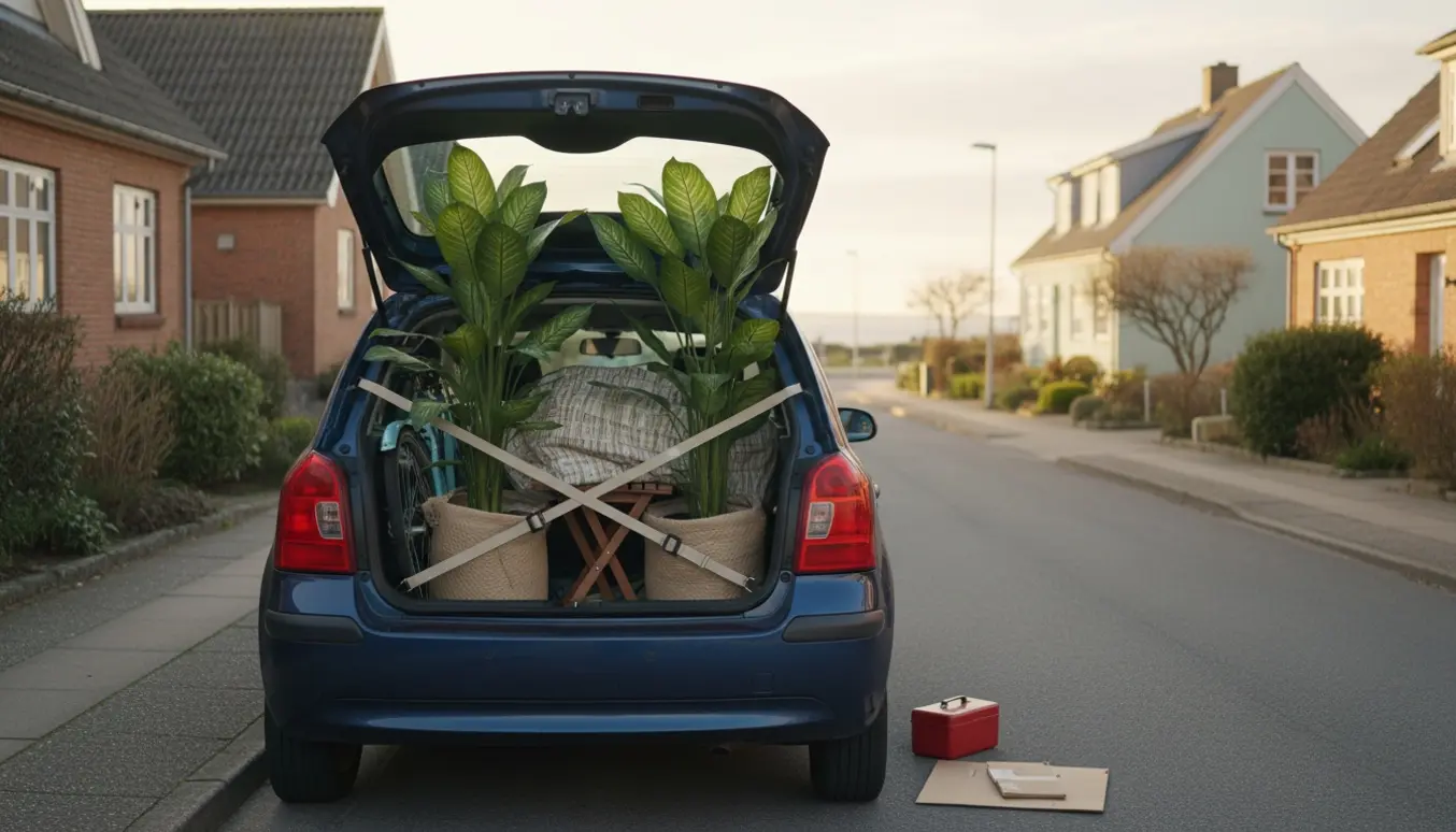 En hatchback med åbent bagagerum hvor to høje potteplanter, et lille havebord og en cykel er forsigtigt pakket og sikret til transport.