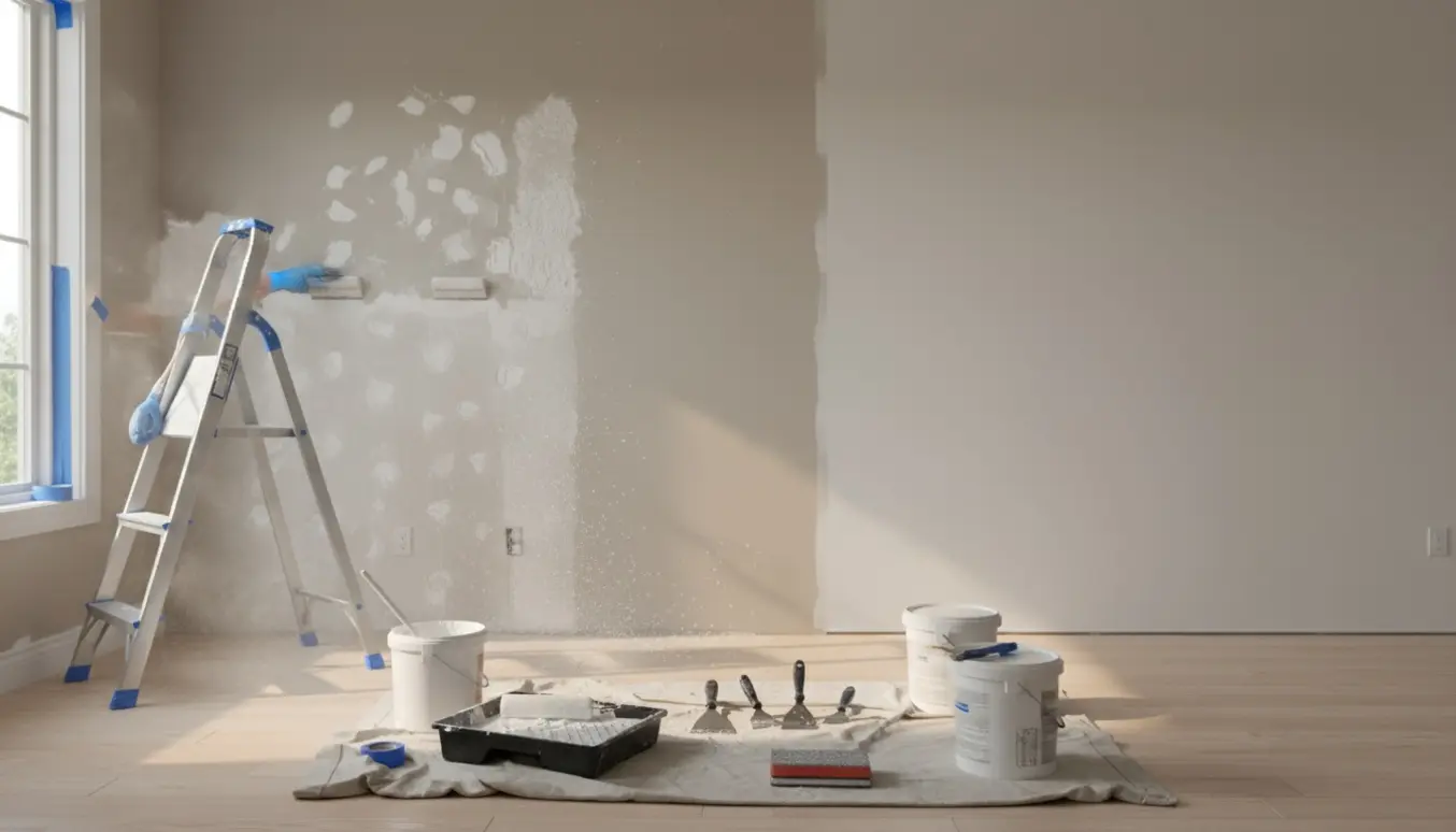 Tomt værelse klar til spartling og maling med stige, malerruller og spackel i varmt dagslys.