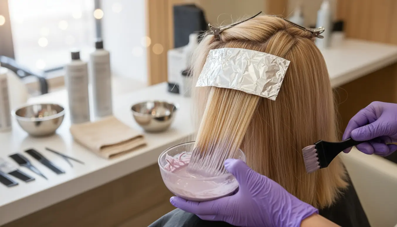 En frisør korrigerer skævt, gulligt hjemmefarvet hår med toner og folie, uden tydelige ansigter.