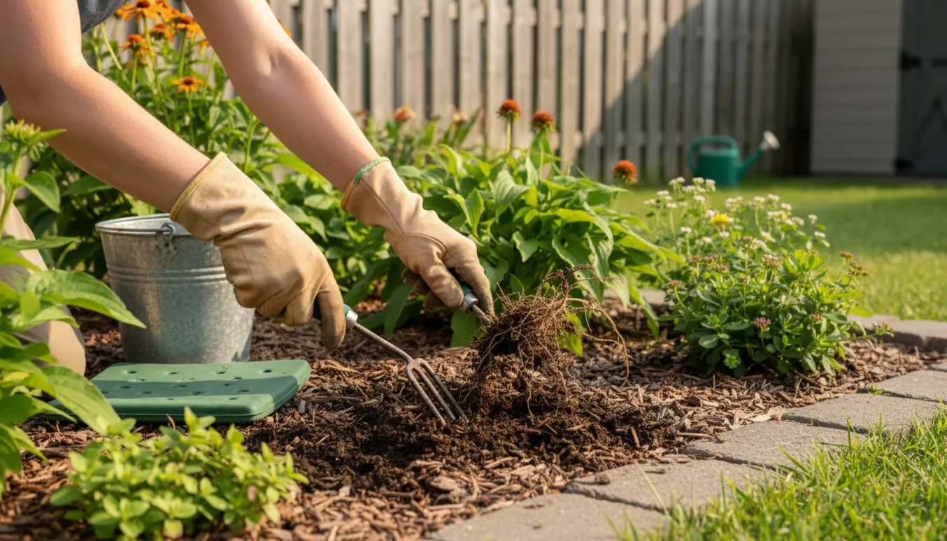 Hænder i havehandsker fjerner ukrudt fra et blomsterbed med rive og spand.