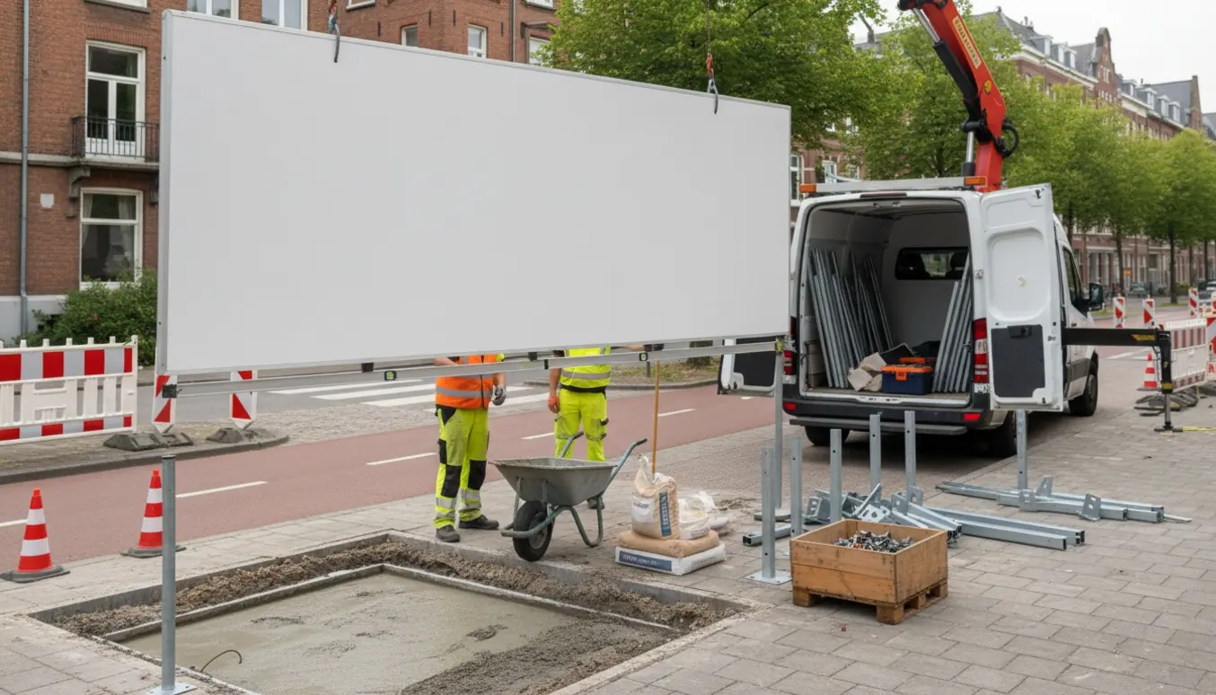 Stort rektangulært skilt løftes på plads ved et bykryds, mens arbejdere i sikkerhedsveste guider det uden at vise ansigter.