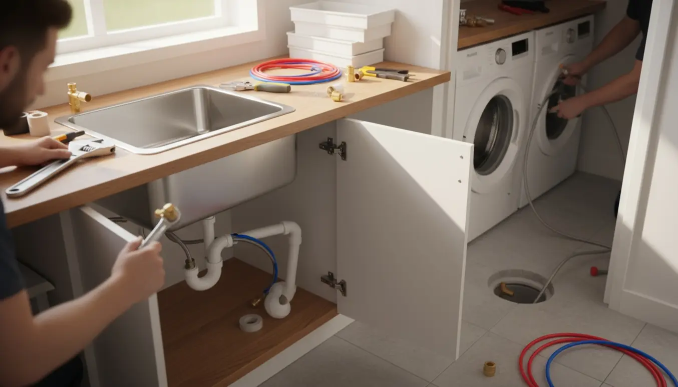 Åben køkkenskab med VVS-installation, PEX-rør, afløb og vaskemaskineslanger under køkkenvasken.