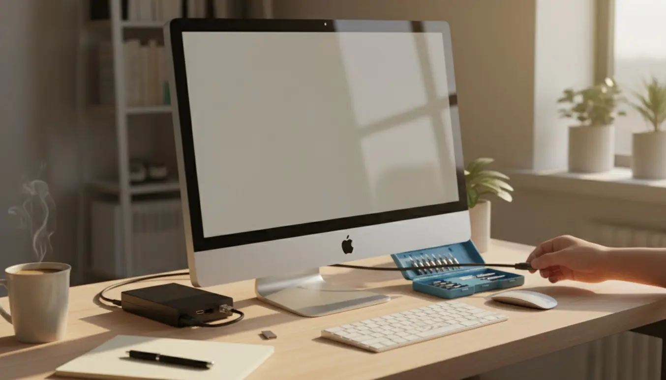 En tekniker arbejder på en 2011 iMac på et skrivebord med eksternt drev og værktøj.
