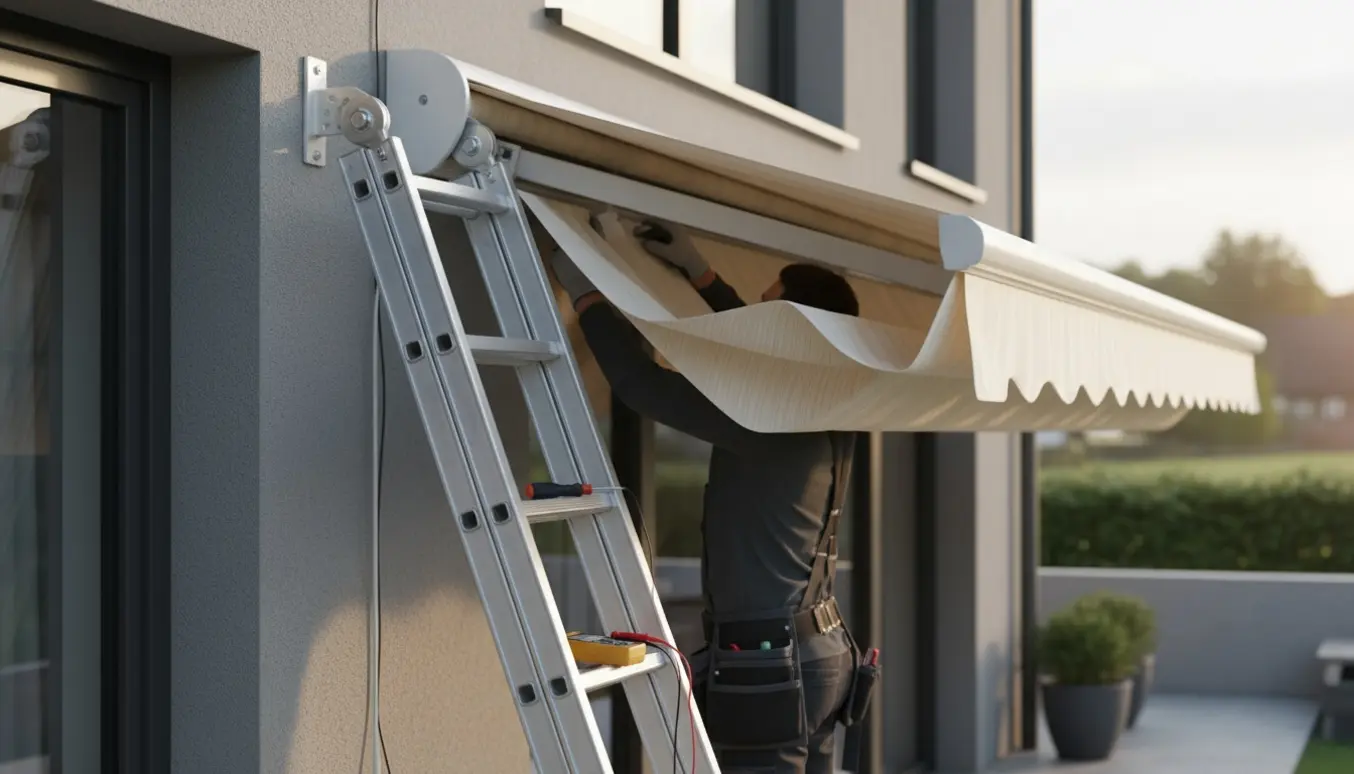 Tekniker justerer en halvudrullet markise fra en stige med værktøj og en sensor i fokus.