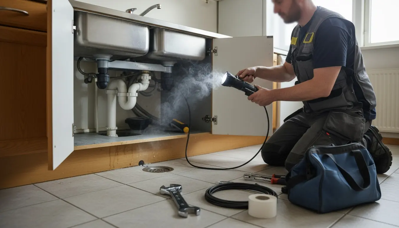 En VVS-tekniker inspicerer under vasken i et lejlighedskøkken med værktøj, mens en svag damp stiger fra afløbet.