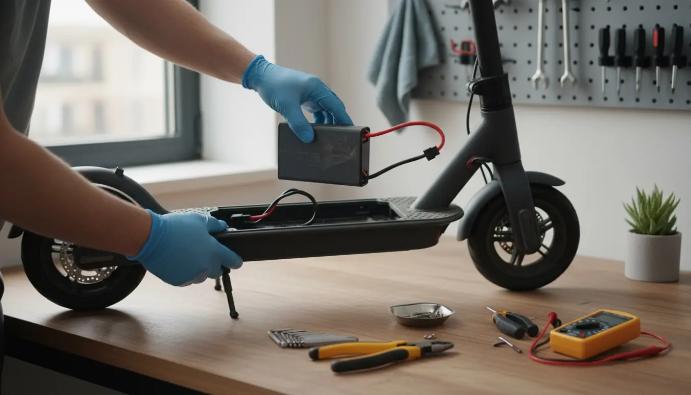 Nærbillede af hænder, der udskifter batteriet i et el-løbehjul på et ryddeligt værkstedsbord.