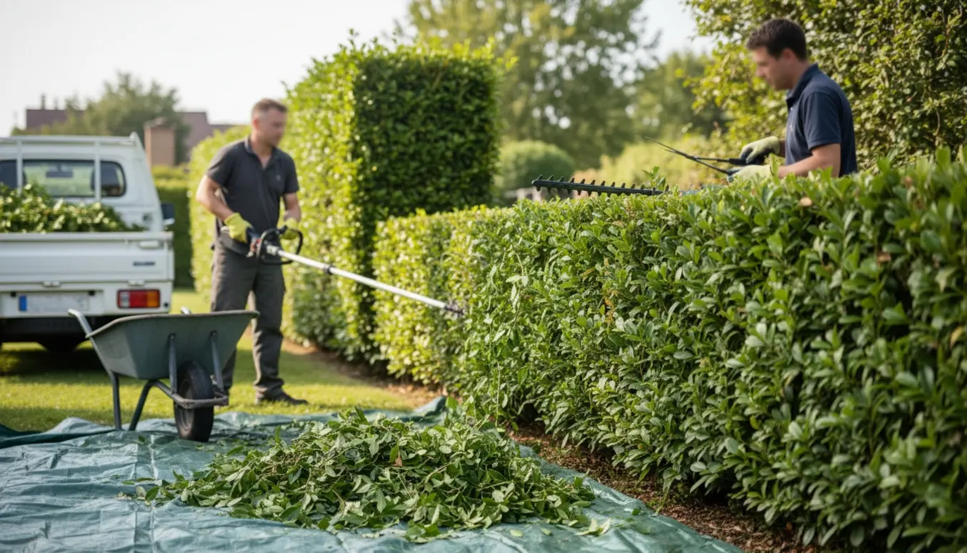 En beskærer klipper en lang havehæk med afklip samlet i trillebør.