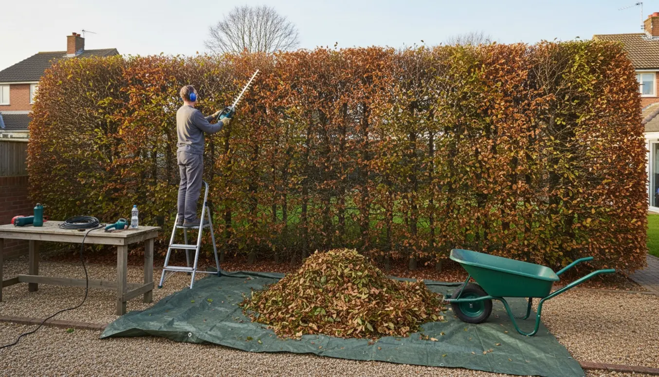 Person trimmer en høj bøgehæk med teleskophækkeklipper, nyslåede sider og opsamlede klip i en trillebør.