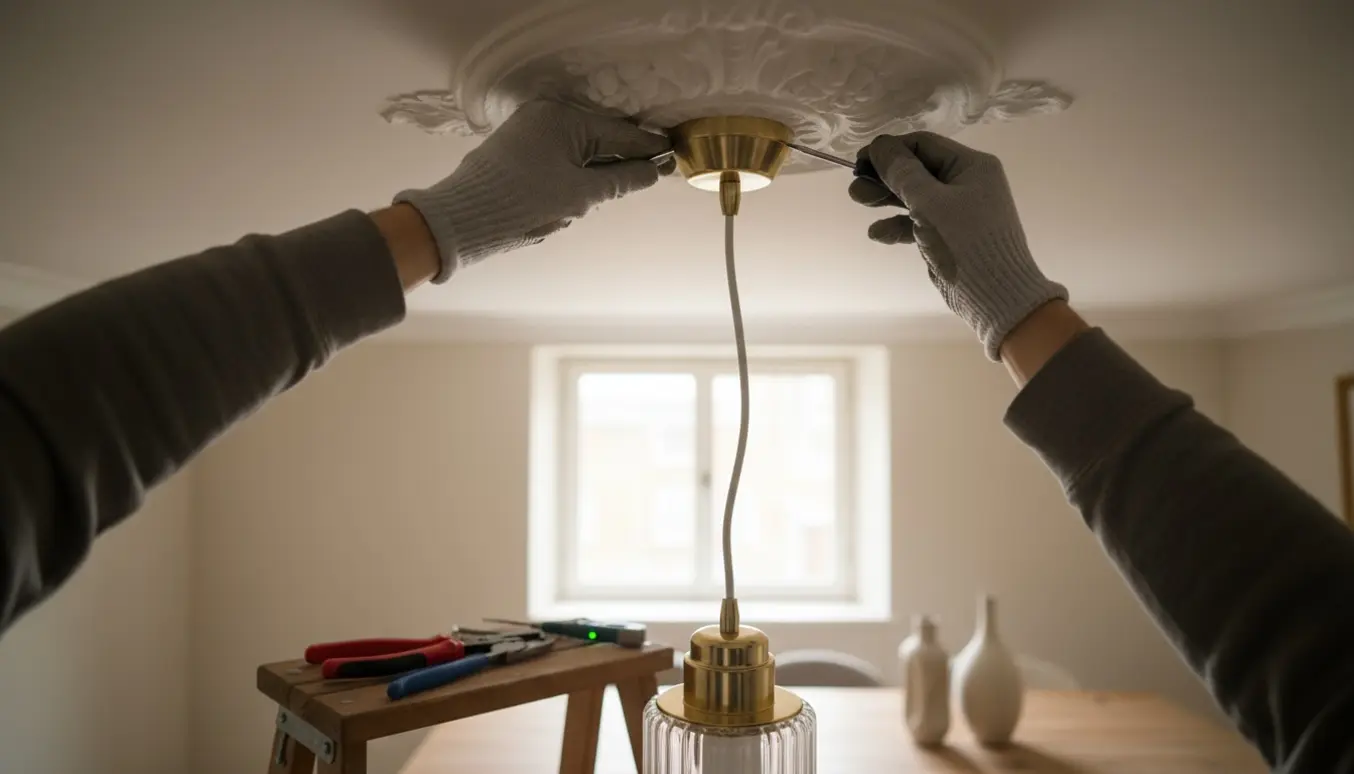 Elegant italiensk loftslampe monteres i en dekorativ loftroset med hvid ledning, hænder i handsker og værktøj synligt.