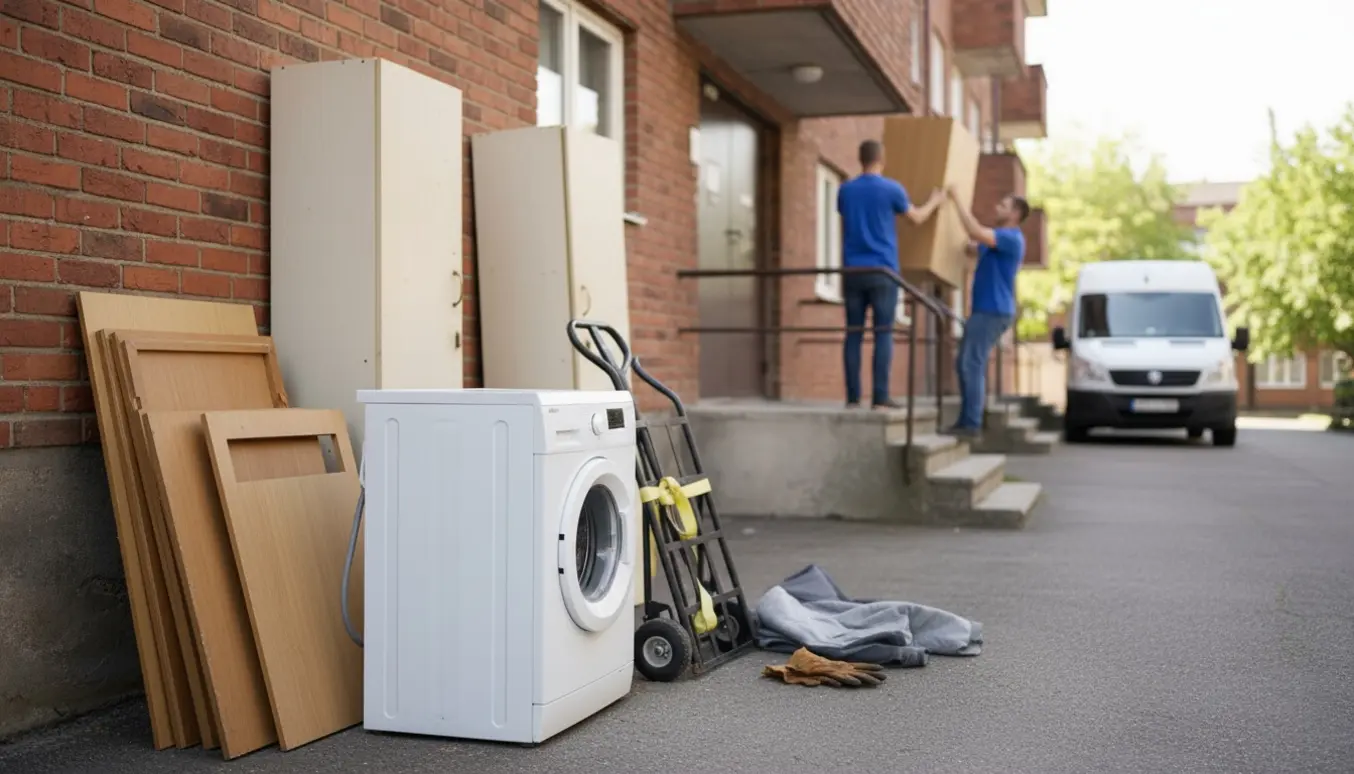 Gammelt køkken og hvidevarer klargøres til afhentning ved opgang med varevogn i baggrunden.