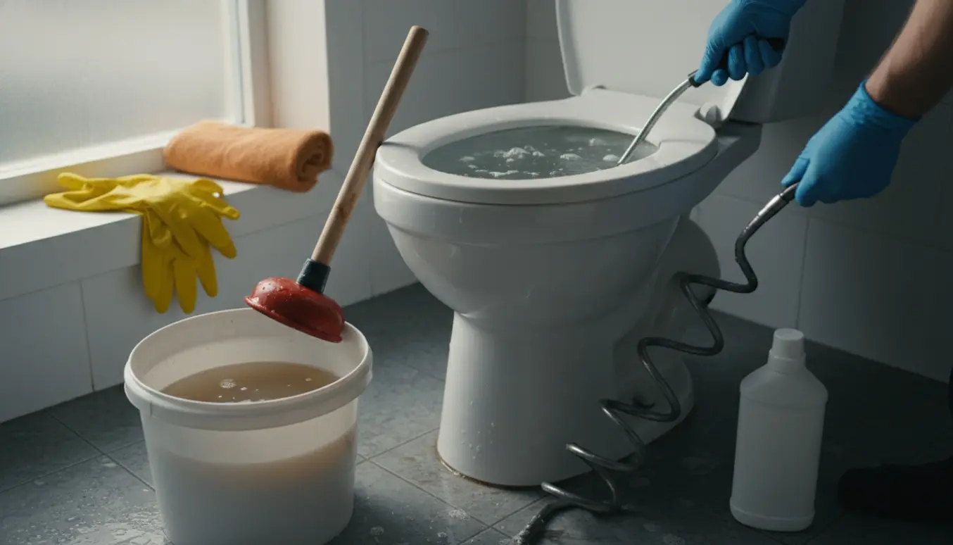 Toilet med høj vandstand, rød sugekop og afløbsrenser klar til at fjerne en stoppet kloak.