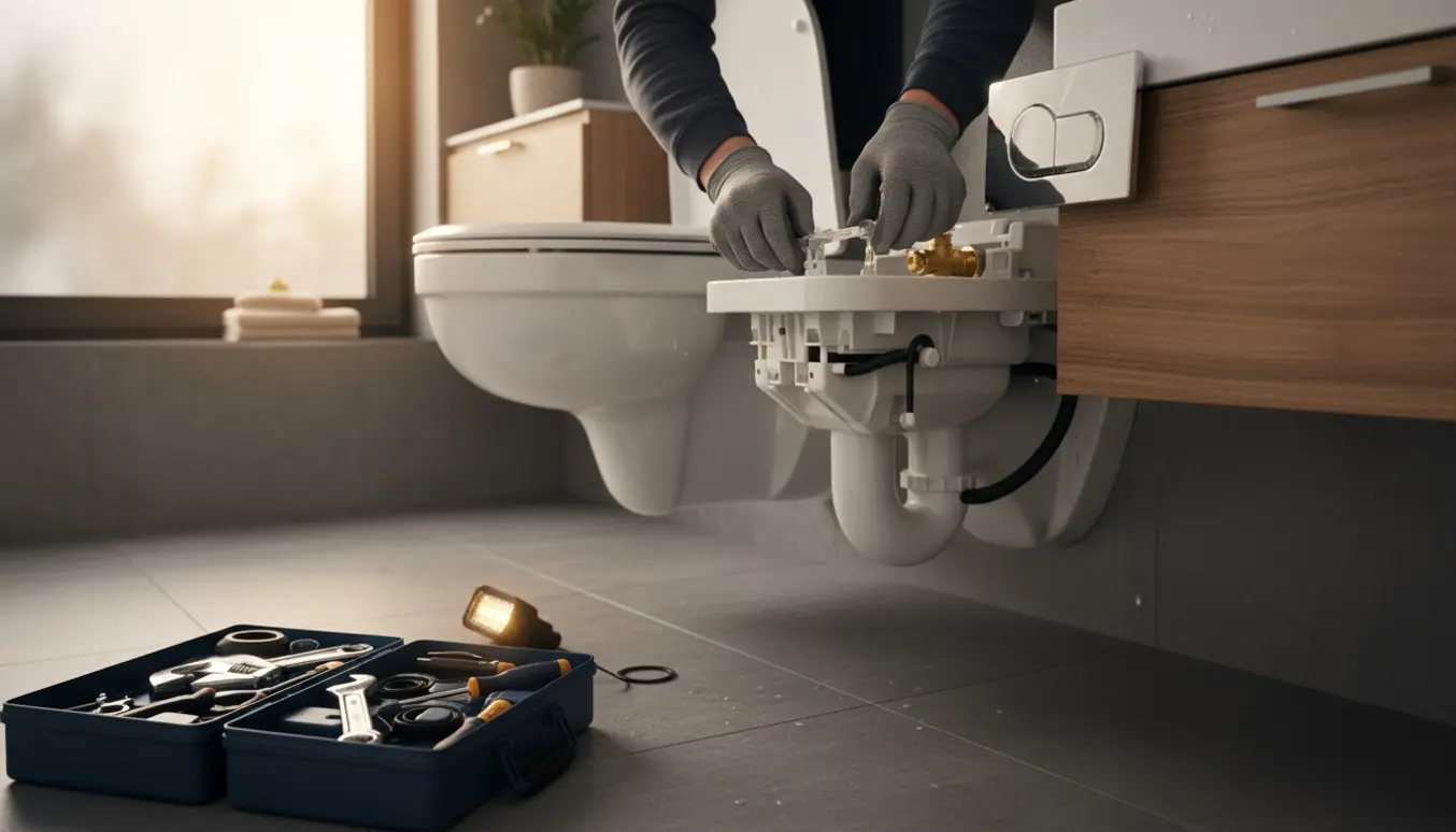 VVS'er justerer indbygget cisterne på et væghængt toilet i aftenslys.