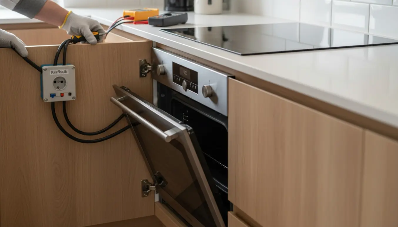Hænder i beskyttelseshandsker forbinder et kraftigt elkabel til en ovn i et åbent køkkenskab.