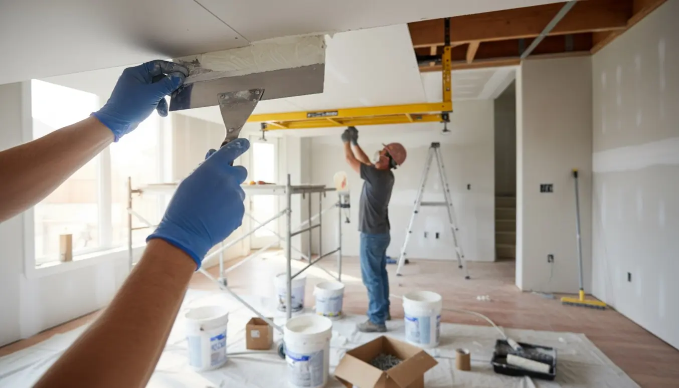 Gipsplader monteres i loft med stillads, spartel og løfteværktøj i et lyst hjem.