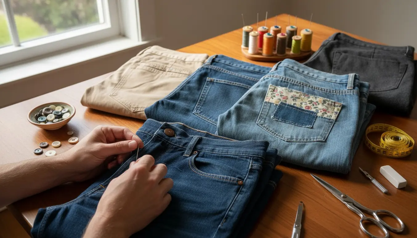 Hænder syr en knap og lapper lommer på fire par bukser på et solbelyst sybord.